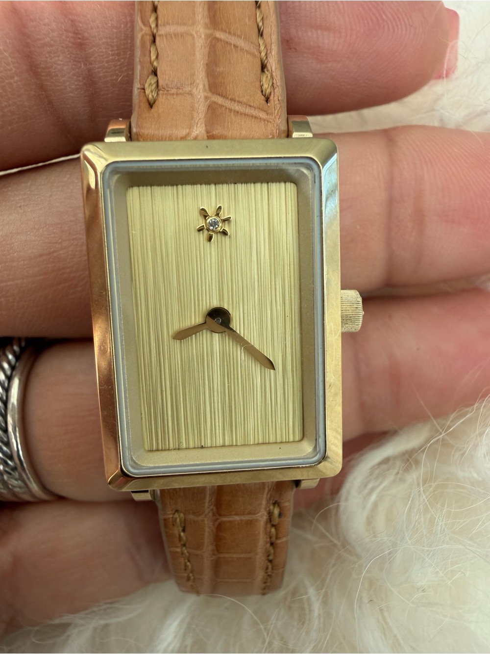 Gold-Tone Rectangular Women's Watch with Tan Leather Strap